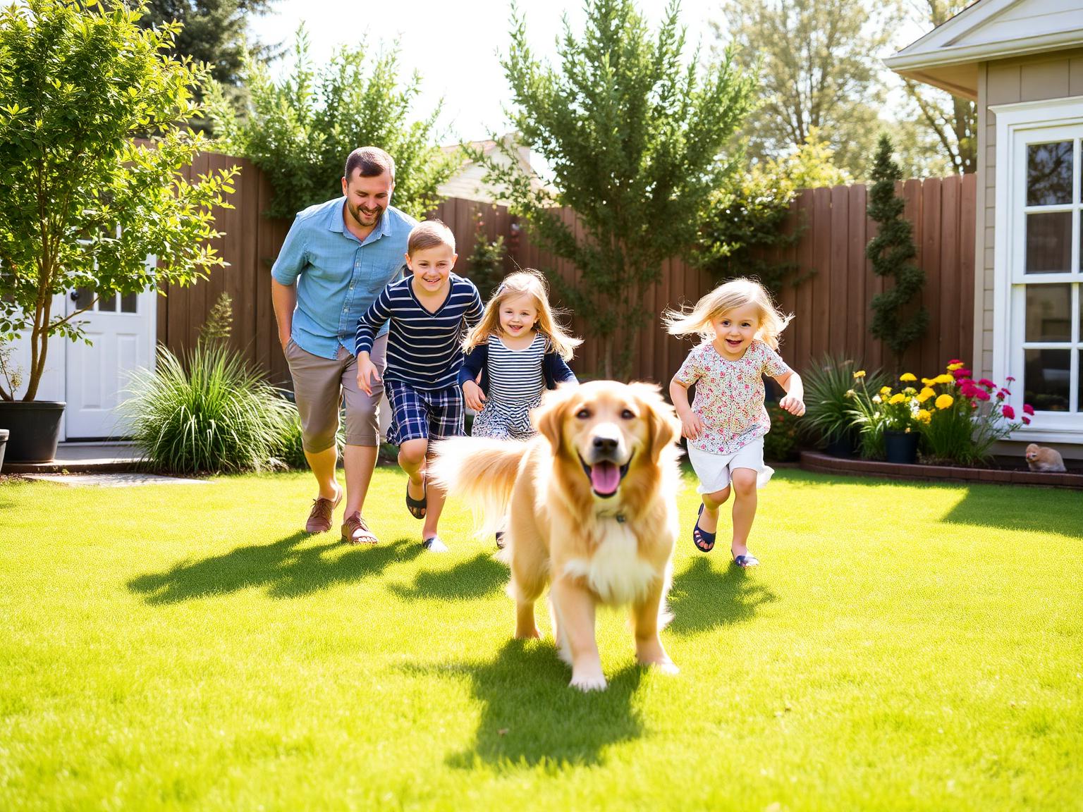 Glückliche Familie spielt mit ihrem Hund im sauberen Garten