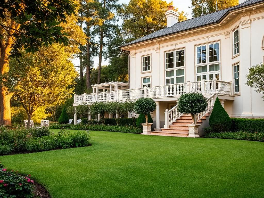 Villa-Garten mit Treppenaufgang und Buchsbaum